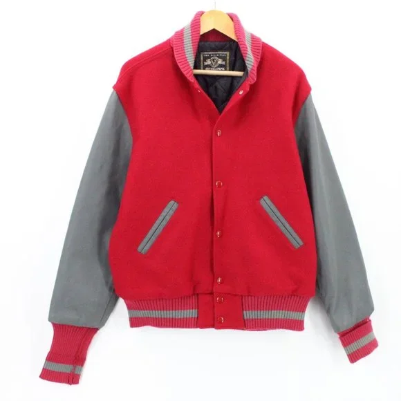 Vintage Holloway Varsity Jacket Mens Red Button Front Original Leather Wool  M